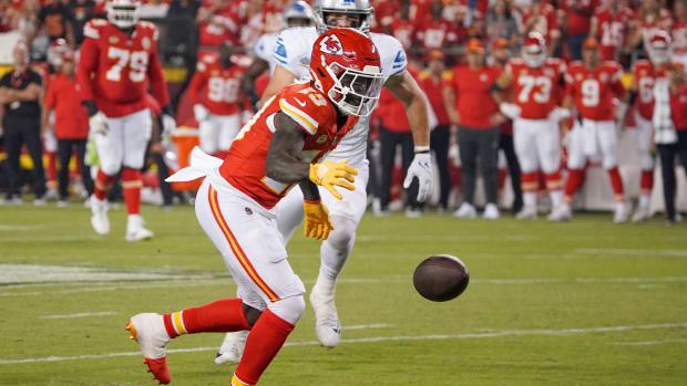Sep 7, 2023; Kansas City, Missouri, USA; Kansas City Chiefs wide receiver Kadarius Toney (19) drops a pass against the Detroit Lions during the second half at GEHA Field at Arrowhead Stadium. Mandatory Credit: Denny Medley-USA TODAY Sports  